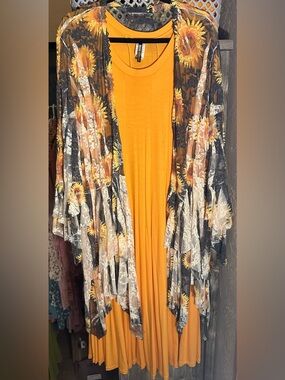 Sunflower-Print Mustard Midi Dress with Sheer Floral Duster